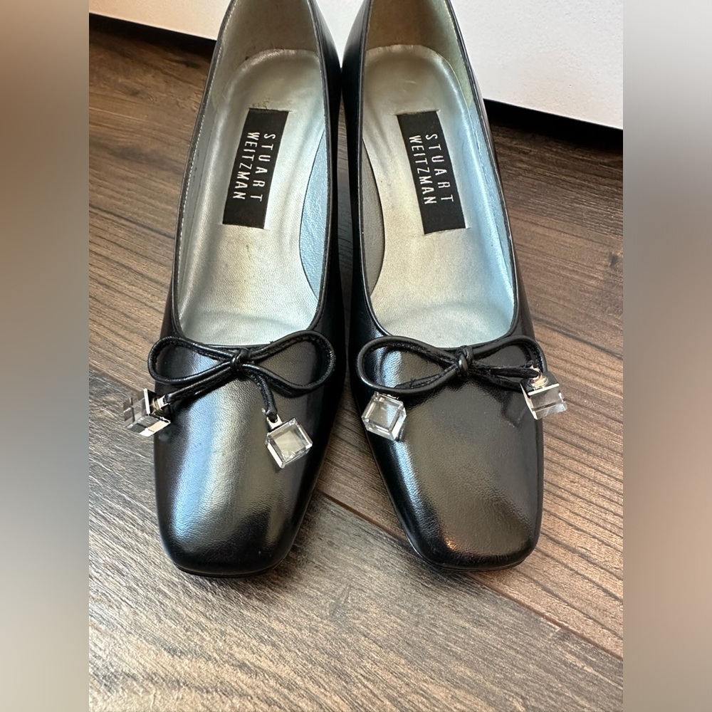 Stuart Weitzman Black Leather Mid Heel Pumps with Crystal Charms - Picture 5 of 15